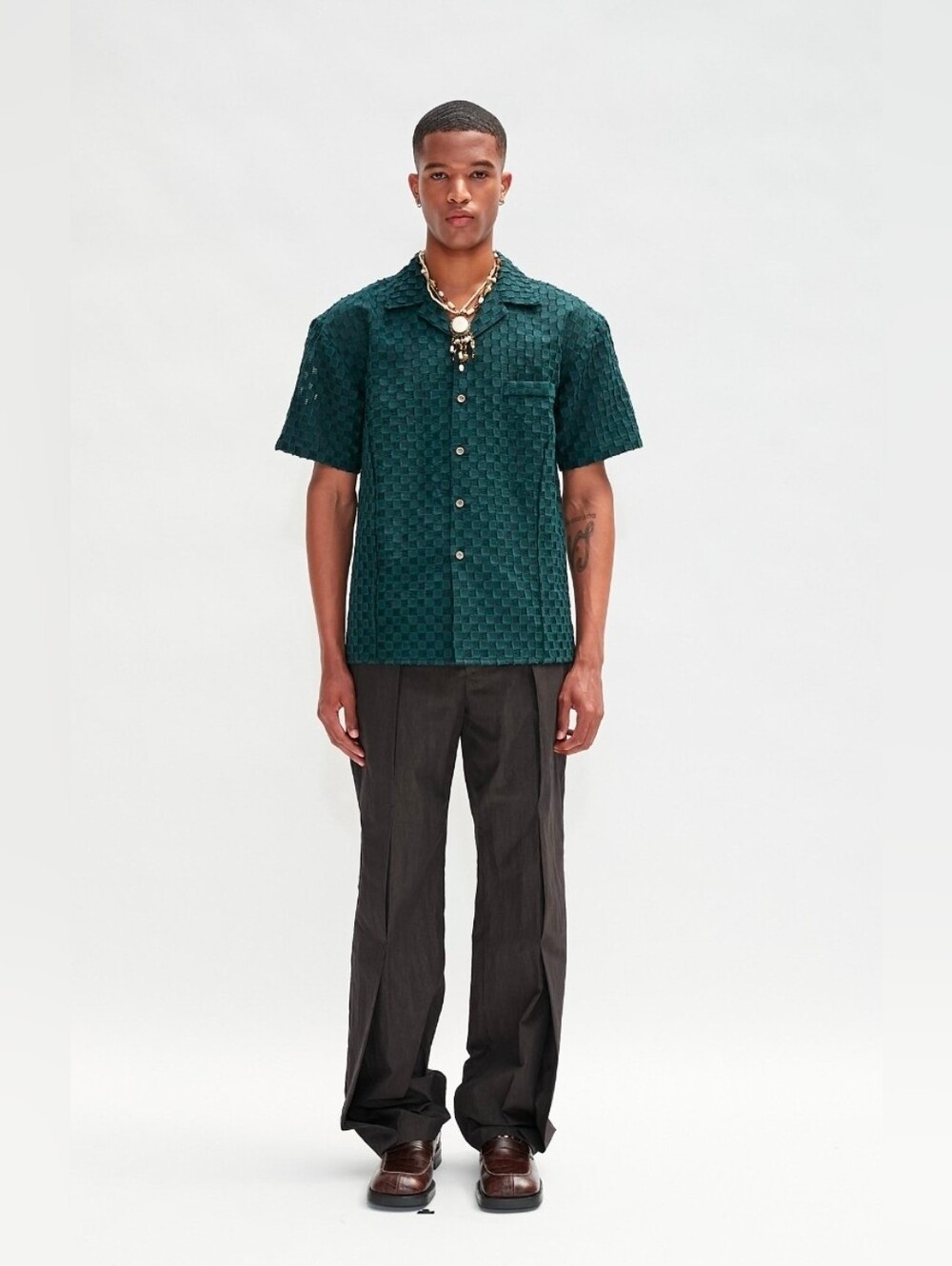 ANDERSSON BELL SHEER SQUARE OPEN COLLAR SHIRT MEDIUM DARK GREEN - Picture 3 of 6
